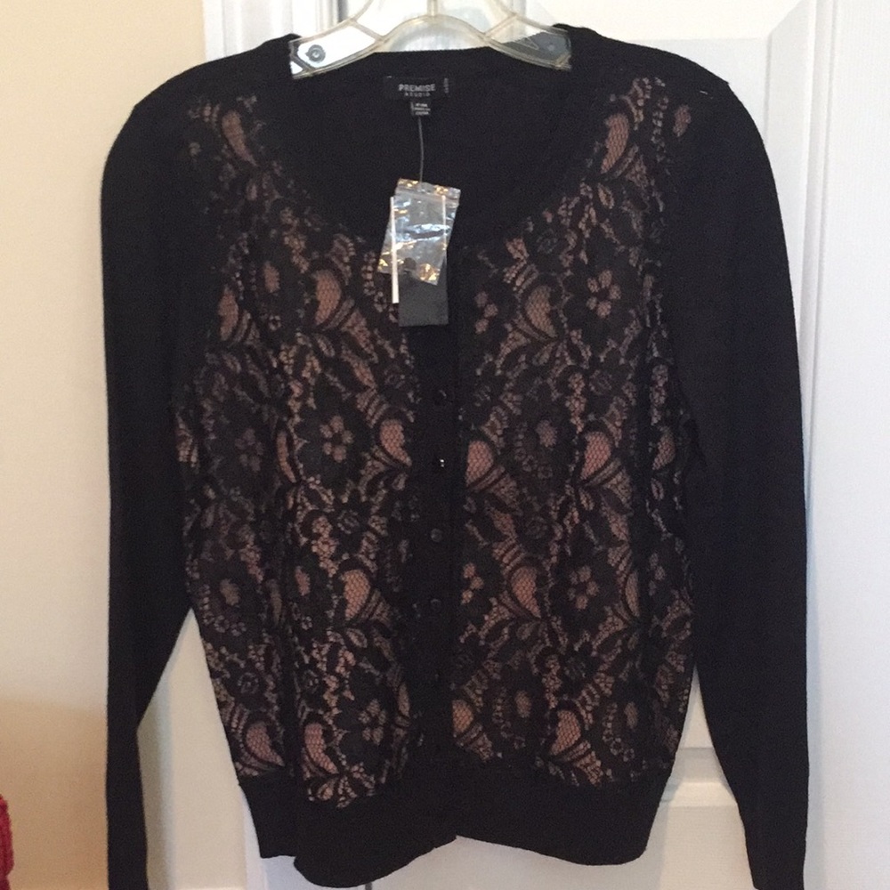 Black Lace Cardigan Sweater, Flesh Tone Lining